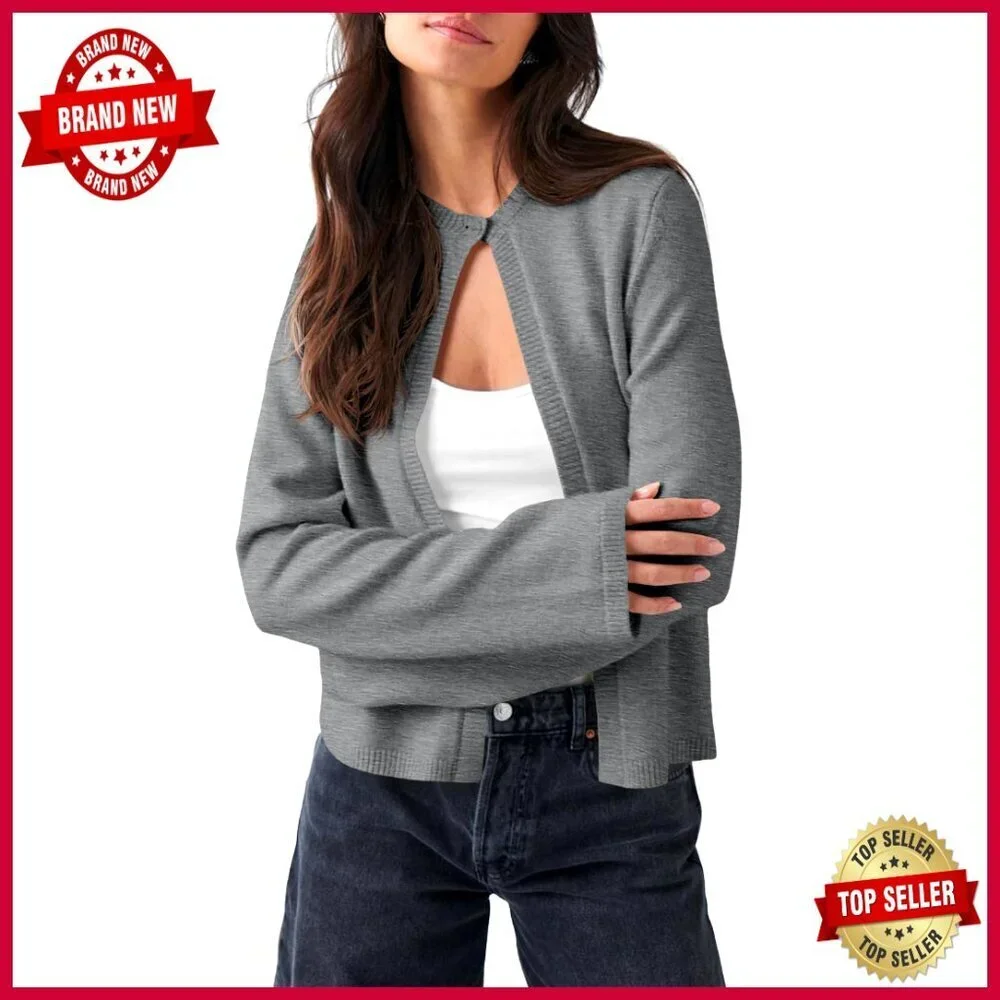 Lightweight Open Front Cardigan Loose Fit Long Sleeve Crewneck Shrug Sweater